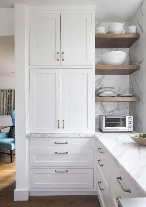 4. Open Shelving Corner Kitchen Cabinet Model Dapur, Timber Shelves, Corner Kitchen Cabinet, Kabinet Dapur, Marble Counter, Kitchen Corner, Island Kitchen, Kitchen Remodeling Projects, Cabinets Kitchen