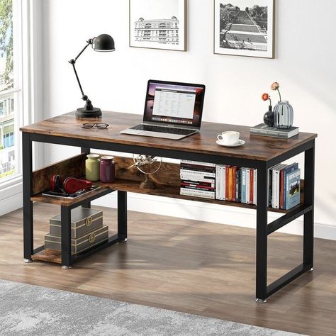 Study Table With Shelves, Large Writing Desk, Dream Apartments, Large Home Office, Industrial Computer Desk, Computer Table Design, Metal Computer Desk, Table With Shelves, Large Computer Desk