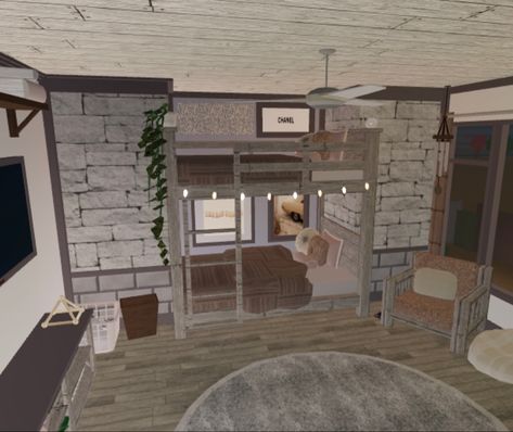 bunk beds, brown aesthetic Bloxburg Bedroom Ideas Bunk Beds, Bunk Bed Bloxburg, Bloxburg Bunk Bed Ideas, Bloxburg Bunk Bed, Bedroom Ideas With Bunkbeds, Aesthetic Bunk Bed, Custom Bunk Beds, Bloxburg Codes, Bloxburg House