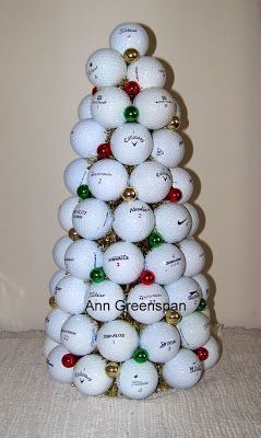 For the golf enthusiast in your life, this tree is made of real golf balls glued onto a styrofoam cone measuring approx 5" x 11" tall. I first wrapped the cone with gold tinsel garland from top… Golf Club Crafts, Golf Crafts, Golf Christmas, Golf Ball Crafts, Golf Christmas Gifts, How To Make Snowflakes, Golf Diy, Golf Decor, Christmas Golf