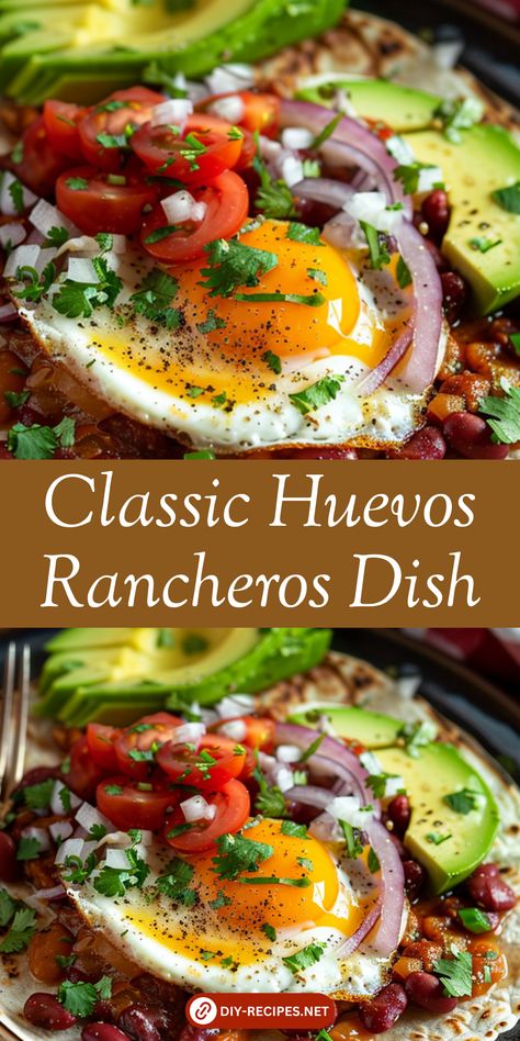 Make this classic Mexican dish at home! Huevos Rancheros with corn tortillas, fried eggs, and ranchero sauce. Garnished with avocado and cilantro for a fresh touch. Breakfast Tostada Huevos Rancheros, Best Huevos Rancheros Recipe, Egg Rancheros Mexican Breakfast, Mexican Egg Dishes, South American Breakfast, Eggs And Corn Tortillas, Egg Dinners Recipes Night, Breakfast Garnish Ideas, Eggs Rancheros Recipe