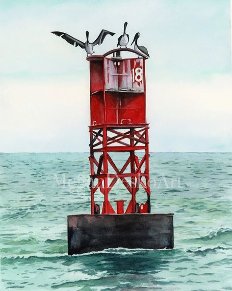 Georgia Art, Ocean Watercolor, Lighthouse Painting, A Dolphin, Unique Watercolor, Favorite Paint, Tybee Island, Sea Painting, Bird Perch