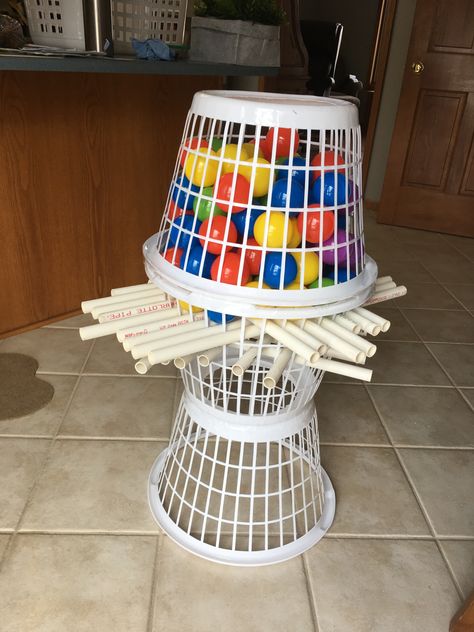 Giant Kerplunk game made from dollar store laundry baskets 1/2” pvc and ball pit balls Store Laundry Baskets, Giant Kerplunk, Kerplunk Game, Outside Games, Games Outdoor, Youth Games, Minute To Win, Minute To Win It, Laundry Baskets