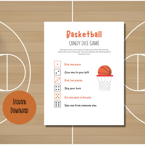 Printable Basketball Candy Dice Game, Basketball Themed Game, Birthday Party Games for Kids, Kids Dice Game, Pass the Candy Game Pass The Candy Game, Candy Dice Game, Basketball Themed Birthday Party, March Madness Parties, Basketball Theme Birthday, Game Birthday Party, Basketball Theme Party, Basketball Games For Kids, Party Games For Kids