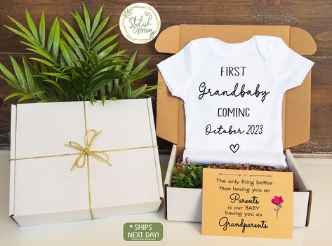 Excited to share this item from my #etsy shop: First Grandbaby GIFT BOX Baby Announcement Onesie® Bodysuit a Personalize Pregnancy Reveal gift for Parents New Grandparents Grandma Grandpa Birth Reveal, Pregnancy Reveal Gifts, Baby Announcement Onesie, Announcement Onesie, Pregnancy Announcement Onesie, New Grandparents, Box Baby, Gift For Parents, Pregnancy Reveal