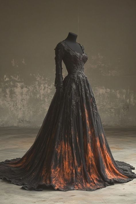 Vampire Ball Gown, Gown Aesthetic, Villain Dresses, Celestial Dress, Royalty Dress, Frozen Rose, Fantasy Outfits, Orange Dresses, Simple Gowns