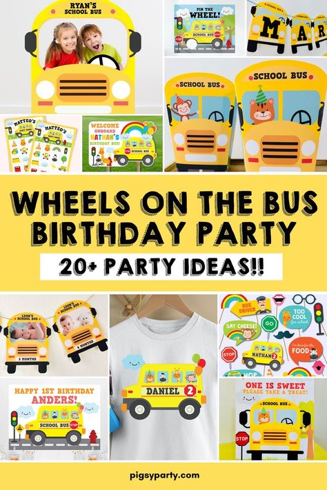 Wheels on the Bus Party Decor Ideas School Bus Birthday Party, Wheels On The Bus Party, School Bus Birthday, Bus Photo Booth, Bus Birthday Party, Nursery Rhyme Party, School Bus Party, Bus Party, Bus Photo