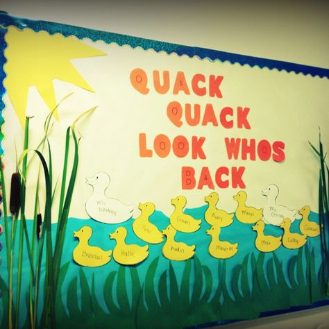 back to school bulletin board. it would be cute to set up a small water table with a rubber duck for each child.♥ Back To School Toddler Bulletin Boards, Back To School Bulletin Boards Toddlers, Duck Bulletin Board Ideas, Duck Bulletin Board, Back To School Bulletin Boards Daycare, March Bulletin Board Ideas, Toddler Bulletin Boards, Spring Classroom Decorations, March Bulletin Board