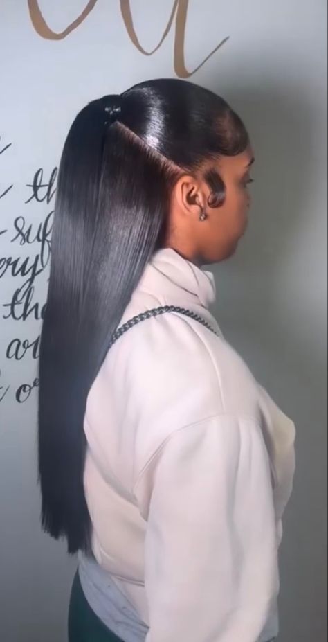 Half Up Half Down Sleek Ponytail, High Half Up Hairstyles, Low Pony Half Up Half Down, Half Up Half Down Sew In Straight, Half Up Half Down Mid Ponytail, Half Up Half Down Install, Half Up Half Down Hair Straight, Low Half Up Half Down Hair Black Women, 90's Hairstyle