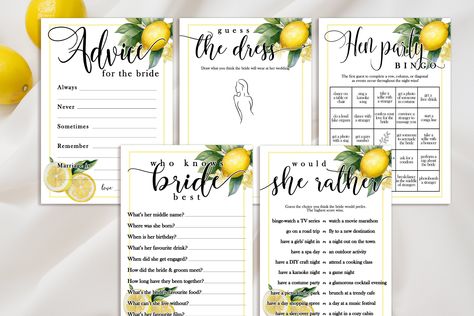 Hen do Party Games Bundle, Lemon Theme, She found her main squeeze, Bridal Bingo, Advice, Guess the Dress, Would She Rather Guess The Dress, She Found Her Main Squeeze, Found Her Main Squeeze, Hen Do Party, Would She Rather, Lemon Theme, Hen Party Games, Bridal Bingo, Envelope Box