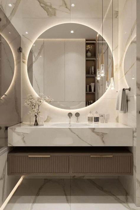 Make a statement with your bathroom decor by incorporating luxurious features and accents. Discover here! Bedroom Lighting Ideas, Top Decor Ideas, Minimalist Holiday Decor, Contemporary Bathroom Decor, Modern Bathroom Mirrors, Luxxu Modern Design Living, Small Bathroom Interior, Washroom Decor, Bedroom Door Design