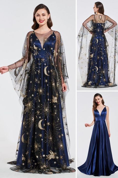 Stars And Moon Dress, Moon Inspired Outfits, Hippie Prom Dress, Star Gown, Constellation Dress, Celestial Dress, Moon Dresses, Space Dress, Celestial Wedding