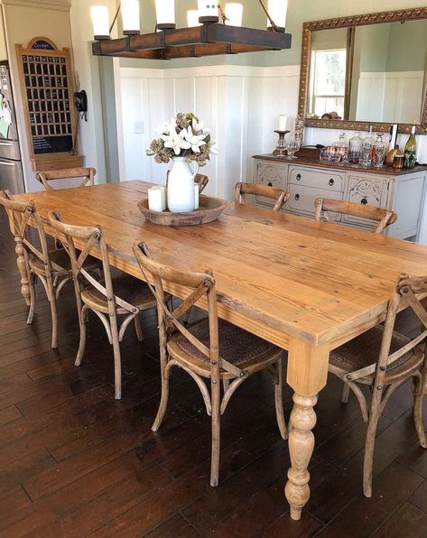 Farmhouse Style Dining Room, Farmhouse Dining Room Table, Wall Scones, Heart Pine, Farmhouse Dining Table, Table Dining, Farmhouse Dining Room, Farmhouse Dining, Remodels