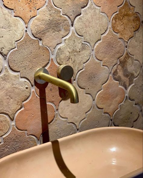 Terracotta Bathroom Tiles, Spanish Tile Bathroom, Terracotta Tiles Bathroom, Arabesque Tiles, Terracotta Bathroom, Spanish Floor Tile, Freestanding Basin, Bali Spa, Above Sink