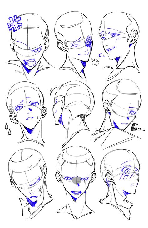 Expressive Art Reference, Head Profile Reference Drawing, Anime Face Expressions Manga, Head And Face Anatomy, Hair Anotamy, Head Up Looking Down Reference, Head Poses Sketch, Manga Faces Reference, Art Base Head