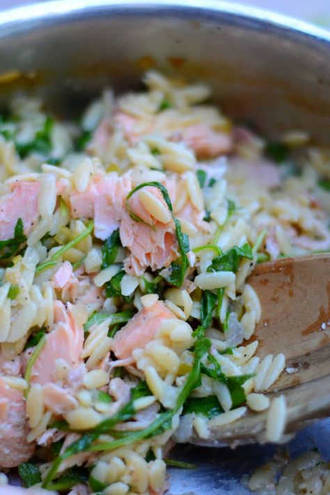 Salmon Arugula, Salmon Orzo Recipe, Orzo Dinner Recipes, Arugula Recipes, One Pan Dinner, Orzo Recipes, One Pot Dinners, Orzo, Salmon Recipes