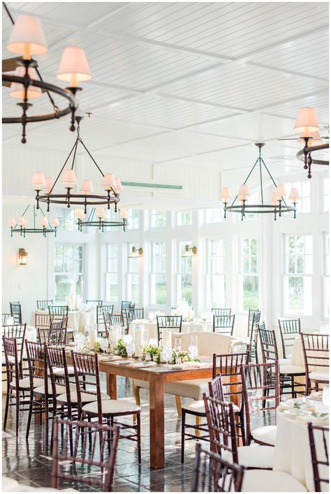 Cream and greenery coastal inspired wedding reception design... This Dusty Blue and Ivory Inspired Coastal Wedding at Chesapeake Bay Beach Club in Eastern Shore, MD features an indoor ceremony, overlooking the bay and a classic and elegant reception setup. | Cait Kramer Photography Wedding Venue Maryland, Greenery And White Wedding, Tavern Room, Chesapeake Bay Beach Club Wedding, Chesapeake Bay Beach Club, Beach Club Wedding, Dc Wedding Venues, Maryland Wedding Venues, Beachy Wedding