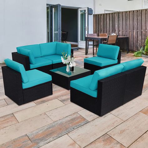 7 Pieces Outdoor Sectional Sofa, Outdoor Wicker Patio Furniture Set with Cushions, Turquoise Washable Couch, Outdoor Wicker Patio Furniture, Sectional Patio Furniture, Glass Top Side Table, Wicker Patio Furniture Set, Sofa Outdoor, Outdoor Furniture Patio, Furniture Sofa Set, Outside Furniture