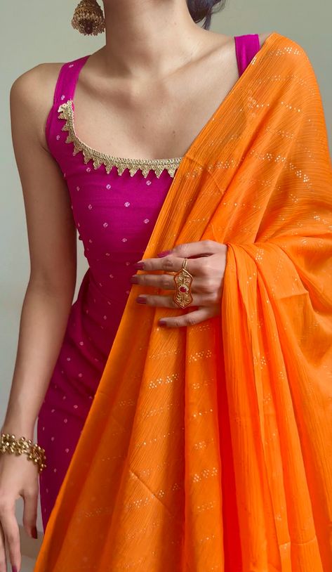 Churidar Suit Designs, Sharara Neck Designs, Desi Style Casual, Desi Look Outfits, Florocent Color, Traditional Kurta Designs Women, Desi Kurta Aesthetic, Orange Haldi Outfit, Diwali Outfit Ideas For Teens