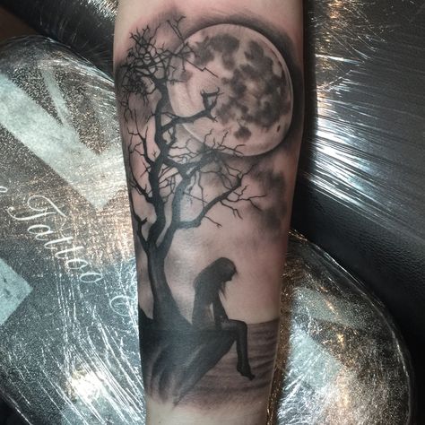 Tree And Moon Tattoo, Tattoo Half Sleeve, Wilderness Tattoo, Tree Sleeve Tattoo, Rabe Tattoo, Full Moon Tattoo, Sunset Tattoos, Water Tattoo, Sick Tattoo