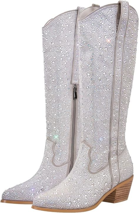 Amazon.com | MissHeel Silver Rhinestone Knee High Boots Sparkly Cowgirl Boots Chunky Heels Sequin High Heel Boots Bling Round Toe Mid Heel Boots Giltter Size 5 | Knee-High Knee High Boots Chunky, Sparkly Boots, Rhinestone Boots, Boot Bling, Chunky Heels Boots, Western Booties, Pu Heels, Western Cowgirl, Pull On Boots