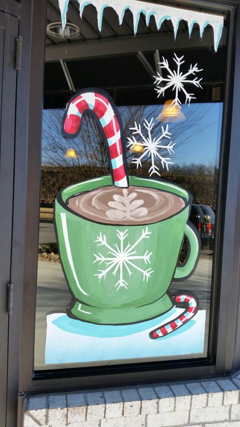 Easy Christmas Window Drawing, Winter Window Art Preschool, Glass Door Christmas Painting, Coffee Window Art, Simple Window Painting Ideas Christmas, Christmas Themed Window Painting, Winter Window Art Easy, Window Painting Ideas For Christmas, Window Painting Christmas Easy