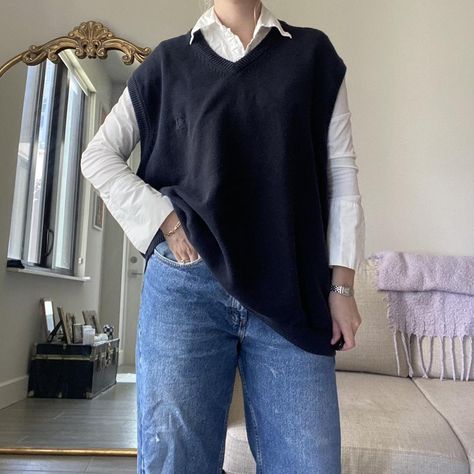 Oversized navy sweater vest

Details:
Chunky navy... - Depop How To Style Blue Sweater Vest, Navy Blue Sweater Vest Outfit, Navy Sweater Vest Outfit, Blue Knit Vest Outfit, Blue Vest Outfits For Women, Blue Sweater Vest Outfit, Navy Blue Vest Outfit, Navy Vest Outfit, Vest Outfits For Women Winter