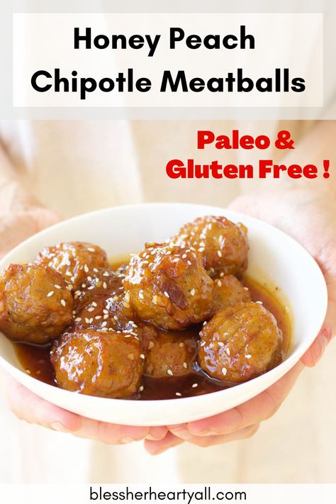 This 3-hour slow cooker honey peach chipotle meatballs are an easy sweet and spicy appetizer that's both gluten free and paleo friendly.  Grab some honey, peaches, and spices and dig in! #GlutenFree #meatballs #Glutenfreerecipe Peach Chili Sauce, Honey Sriracha Meatballs, Meatballs With Apricot Preserves, Peach Glazed Meatballs, Apricot Bbq Meatballs, Meatballs Gluten Free, Chipotle Meatballs, Cocktail Meatballs, Spicy Meatballs