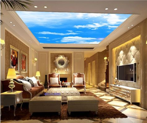 The right photo ceiling can make your room feel wider. Nothing represents openness and freedom like the blue sky. In a room where natural lighting can be an issue, a blue sky photo ceiling can create the illusion of natural light Tray Ceiling Ideas, Living Room Ideas With Fireplace, Best Living Room Ideas, Beautiful Living Room Ideas, Living Room Ideas Cozy, Living Room Ideas Apartment, Living Room Ideas On A Budget, Room Ideas Apartment, Apartment Living Room Ideas