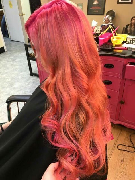 Ginger And Colorful Hair, Citrus Hair Color, Sunset Pink Hair, Pink Orange Ombre Hair, Ginger Hair With Pink, Pink Copper Hair, Pink And Ginger Hair, Orange And Pink Hair, Sunrise Hair