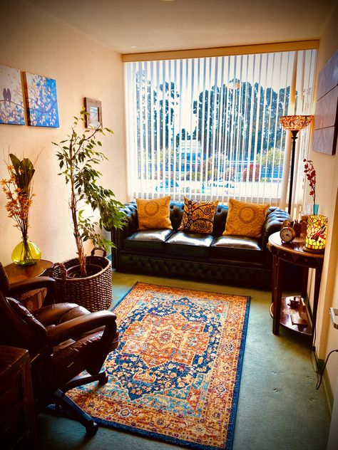 Burlingame Psychotherapy Office Psychoanalyst Office Decor, Psychotherapist Office Design, Boho Therapist Office, Home Therapy Office Ideas, Office Ideas Therapist, Aesthetic Therapist Office, Psychologist Aesthetic Office, Psychiatry Office Decor, Cozy Therapist Office