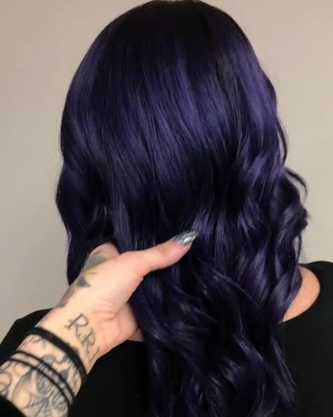 we’re obsessing over this midnight purple 🌩 by @theghostiegirl • • • #guytang #mydentity #mydentity3mv #darkpurplehair #topknotnh All Over Dark Purple Hair Color, Dark Purple Straight Hair, Dark Smokey Purple Hair, Midnight Violet Hair, Dark Blue Purple Hair, Midnight Violet Black Hair, Violet Blue Hair, Midnight Blue Hair Color, Midnight Purple Hair