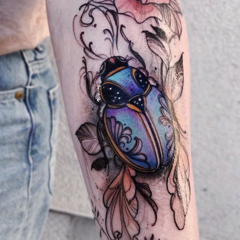 Jewel Bug Tattoo, Jewel Beetle Tattoo, Beetle Tattoo Design, Beatle Tattoo, Bugs Tattoo, Bug Tattoo Ideas, Insect Tattoos, Scarab Tattoo, Beetle Tattoo