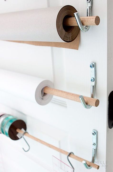 Dowels with rolls of paper and ribbon on the back of a door for wrapping and packaging. Genius! Wrapping Paper Storage, Office Crafts, Craft Room Storage, Paper Storage, Sewing Rooms, Craft Room Organization, Steel Wall, Space Crafts, Craft Organization