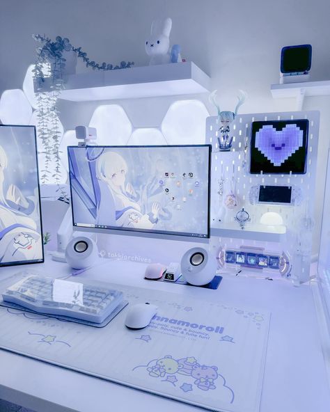 Doing Nothing Aesthetic, Desk Anatomy, Cybercore Setup, Couple Gaming Room Setup, White Setup, Aesthetic Cybercore, Future Bedroom Ideas, Kawaii Room Ideas, Dream Setup