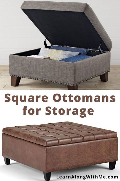 Ottomans with storage are great double-duty furniture. You can use them as a footrest and you can tidy up your living room by storing stuff inside the storage compartments. Pretty cool organizers.

In this article we look at 11 stylish Square Ottomans with storage.  (So they're ottomans that have storage compartments, and they're square shaped.) Not everyone wants square furniture - some people prefer round ottomans - but if you like square...check these out.

#ottomans #livingroomorganization Large Square Storage Ottoman, Square Ottoman With Storage, Leather Ottoman Storage, Square Ottomans, Ottoman Ideas, Square Furniture, Double Duty Furniture, Round Ottomans, Patterned Ottoman