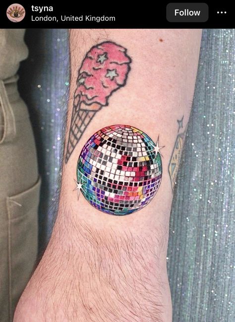 New Year Tattoo, Disco Tattoo, Back To The Future Tattoo, Disco Ball Tattoo, Ball Tattoo, Self Love Tattoo, Planet Tattoos, Intricate Tattoo, Hummingbird Tattoo