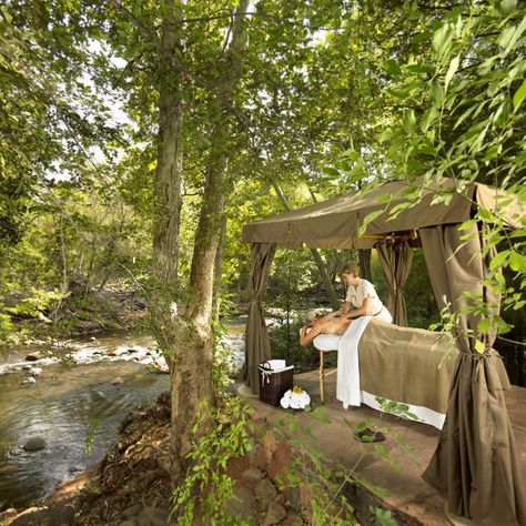 Couples creekside massage...you got it!  At L'Auberge de Sedona Sedona Resort, Pool Cabanas, Forest Bathing, Outdoor Spa, Spa Retreat, Sedona Az, Best Spa, Spa Room, Massage Room