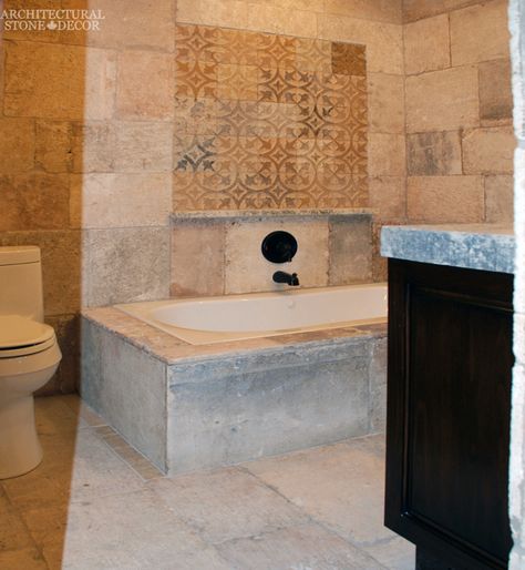 #Tuscan #style #master #bathroom #reclaimed #limestone #flooring wall cladding bath tub canada ca Tuscan Style Living Room, Blue Shutters, Limestone Flooring, Country Craftsman, Mediterranean Home Decor, Mediterranean Home, Pantry Door, Tuscan Style, Mediterranean Homes