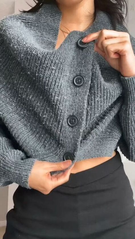 This is a guide on an easy cardigan hack. Learn a simple trick to crop a cardigan and change its neckline in this quick tutorial. Cardigan Hacks Ideas, Cardigan Hacks, Diy Cardigan, Plain Cardigan, Large Cardigan, Basic Cardigan, Smart Outfit, Button Sweater, Fashion Hacks Clothes