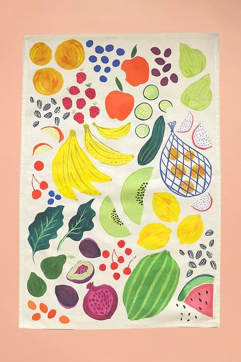 Supra Endura Farmer’s Market Organic Tea Towel | AnthroLiving Organic Tea, Printed Tea Towel, Colorful Fruit, Organic Teas, Fruit Print, Farmer's Market, Weekend Trips, Fruits And Veggies, Tea Towel