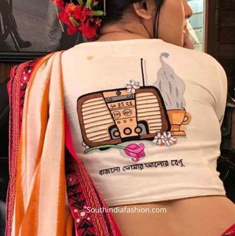 Handpainted Blouse Design, Fabric Painting On Sarees, Fabric Painting On Blouse, Painting On Blouse, Kulo Art, Punjabi Design, Blouse Painting, Embroidered Saree Blouse, Decorating Clothes