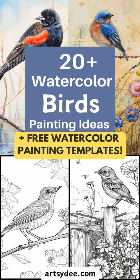 Spread your wings with our Whimsical Watercolor Birds Painting Ideas! 🐦 This collection, complete with FREE Printable Painting Templates, is perfect for artists seeking inspiration or a relaxing creative escape. Download and paint your avian masterpiece today! #WatercolorBirds #PaintingIdeas #FreePrintable #ArtInspiration #PaintingTemplates #BirdArt #CreativeHobby #WatercolorPainting #DIYArtProject 🎨✨ Watercolor Bird On Branch, Bird Watercolor Tutorial, How To Paint Birds, Winter Birds Painting, Easy Bird Painting Acrylics, Watercolor Birds Easy, Robin Bird Drawing, Robin Bird Illustration, Printable Painting Templates