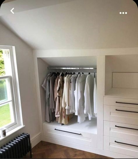 Slanted Closet Ideas, Slanted Ceiling Ideas, Slanted Roof Bedroom, Attic Built Ins, Slanted Ceiling Closet, Attic Bedroom Storage, Slanted Walls, Bedroom Built In Wardrobe, Attic Bedroom Designs