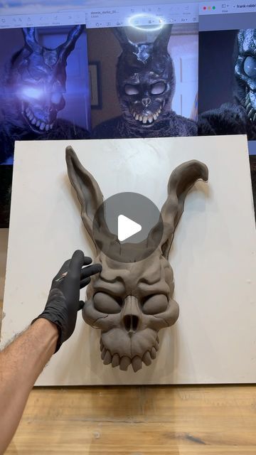 Jack Of The Dust on Instagram: "Heres my new wall mount of franks skull! 🐰💀 this is my second sculpture of Frank, the first one was made about 9 years ago which was a table top sculpture that more so had the forms of a human skull. I really wanted to have another go at this piece to create something that was a little bigger following the forms of the mask! Next up I’ll be working on the mold. Stay tuned! #frank #donniedarko #rabbit" Donnie Darko, Human Skull, New Wall, Create Something, The Mask, Stay Tuned, A Table, Wall Mount, Table Top