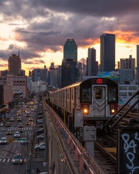 Taken from a subway platform in Queens, this is one of my favorite vantage points of the New York Skyline. The train in the foreground adds an extra element of classic New York to the image. This is one image in a series I am creating that captures every aspect of New York City through various urban Tall Buildings, Nyc Skyline, York City, New York City, Train, New York, Cars, Photography