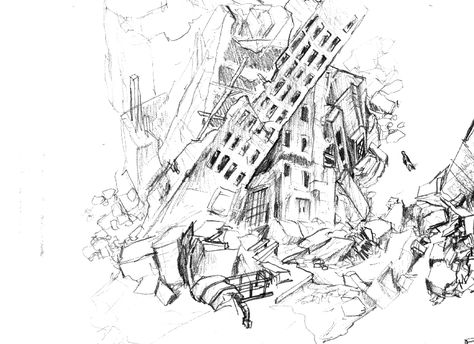 How To Draw Destroyed Buildings, Ruined City Drawing, Apocalypse City Drawing, Destroyed City Drawing Reference, Ruined Buildings Drawing, Ruined City Art, Destroyed Building Drawing, Destroyed City Drawing, Ruins Sketch