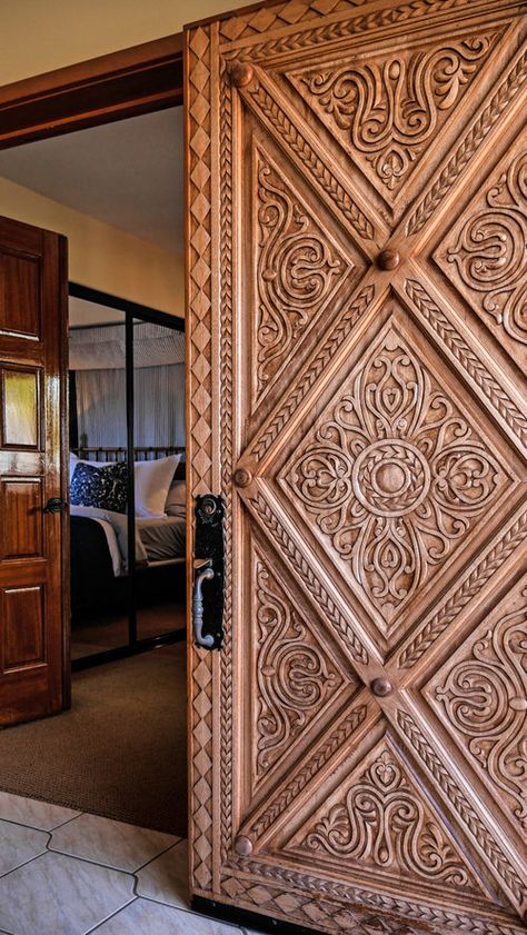 Old California Catalina — Kathy Ann Abell Interiors Carved Wood Front Door, Wood Cnc Design, Unique Door Design, Old California, Modern Interior Door, Carved Door, Modern Fence Design, Front Door Design Wood, Halloween Front Doors