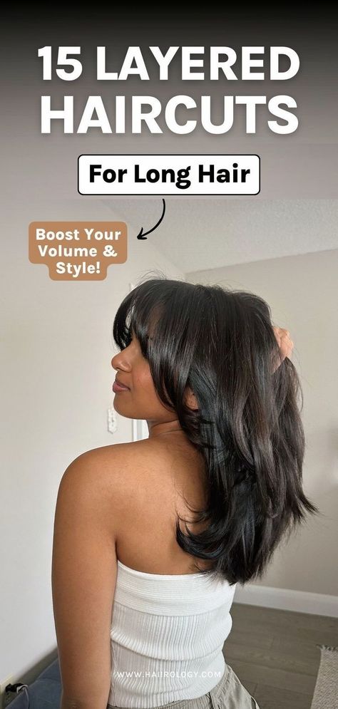 Want to boost your volume and style with layered haircuts for long hair? Check out my blog post featuring 15 fabulous styles, including layered cuts with long layers, curtain bangs, butterfly haircut, long blunt cut, and more. Discover how these layered haircuts can add texture, movement, and fullness to your long hair. Ready for a fresh, voluminous look? Head to the blog now to find the perfect layered haircut for your long hair! Long Layers Curtain Bangs, Hair Cuts Oval Face, Trending Haircuts For Women, Layers Curtain Bangs, Long Layered Haircut, Layered Haircut Ideas, Layered Haircuts For Long Hair, Hair Color Guide, Haircut For Face Shape