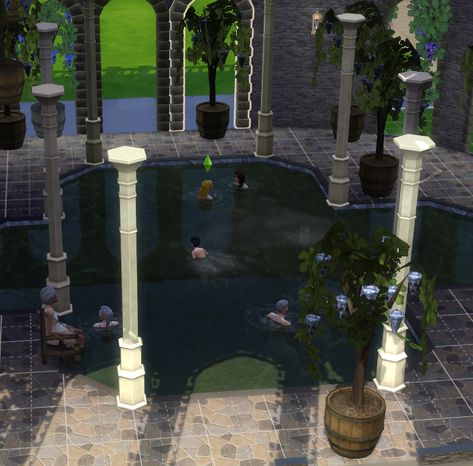 Roman Bathhouse, Sims Medieval, Roman Baths, Willow Creek, Large Baths, Spiral Staircase, Bathtubs, Sims 4 Cc, Bath House